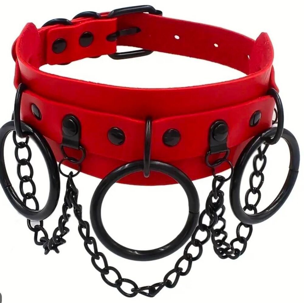 Trendy Goth Vegan Red Leather Black Circle & Chains Rivet Collar Choker Necklace